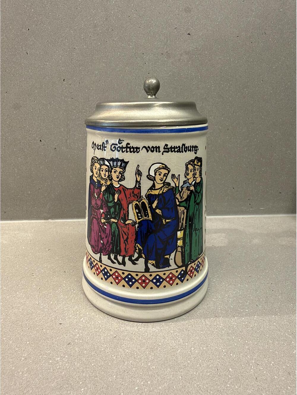 Vintage German Beer Stein Gottfried von Strassburg Pewter Lid Medieval Scene
